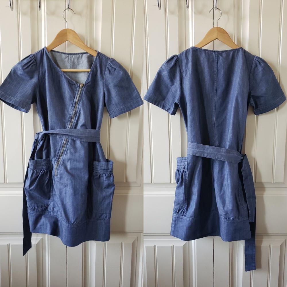 Denim dress with diagonal zipper and waist tie